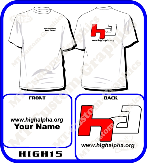 High Alpha\"HA\" T-shirt Front & Back logos